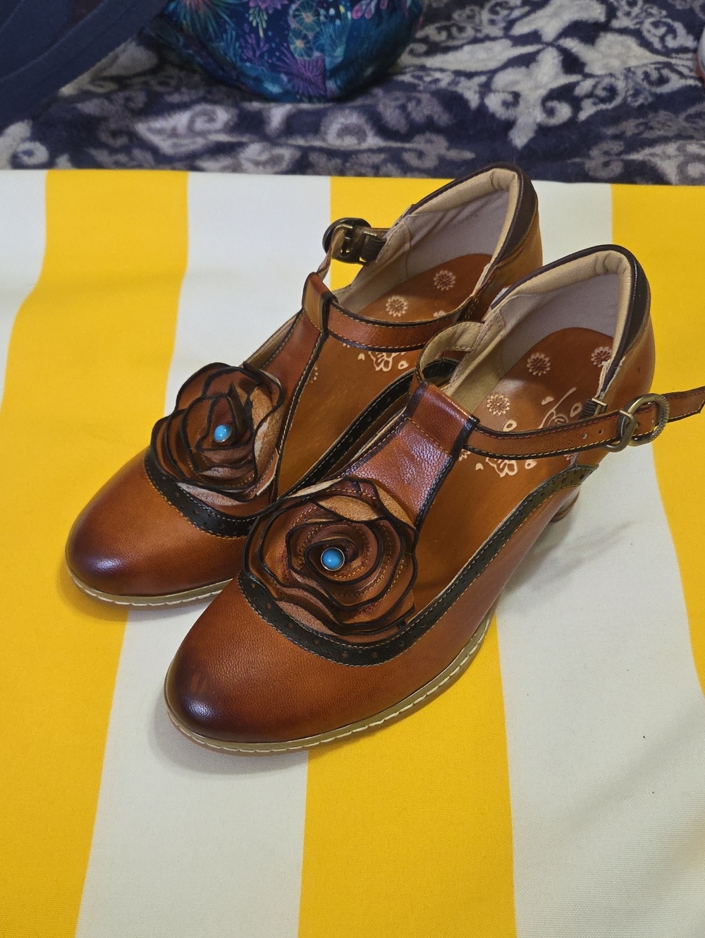 NWOT SOCOFY Leather Mary Jane Shoes Boho Artisan Brown Turquoise Women’s 38